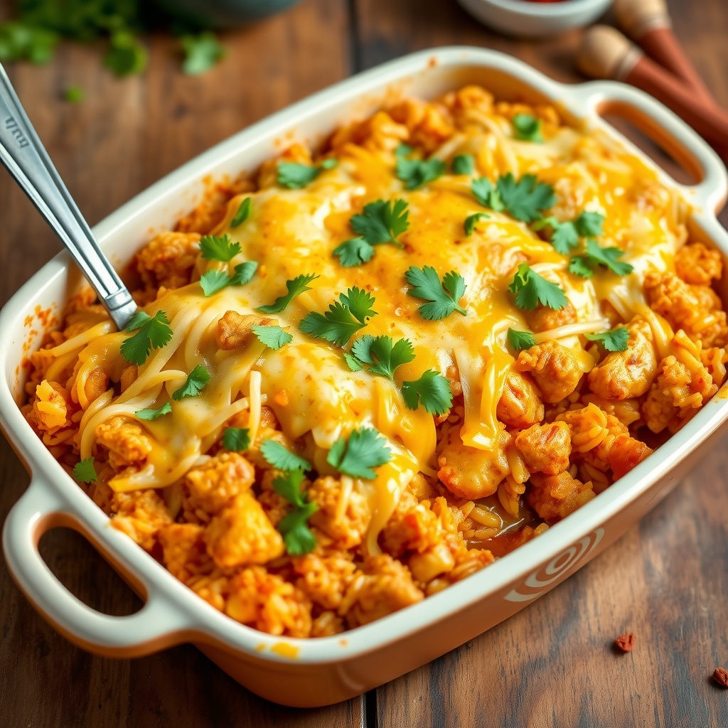 Curry chicken and rice casserole topped with cheese and cilantro on a rustic table.